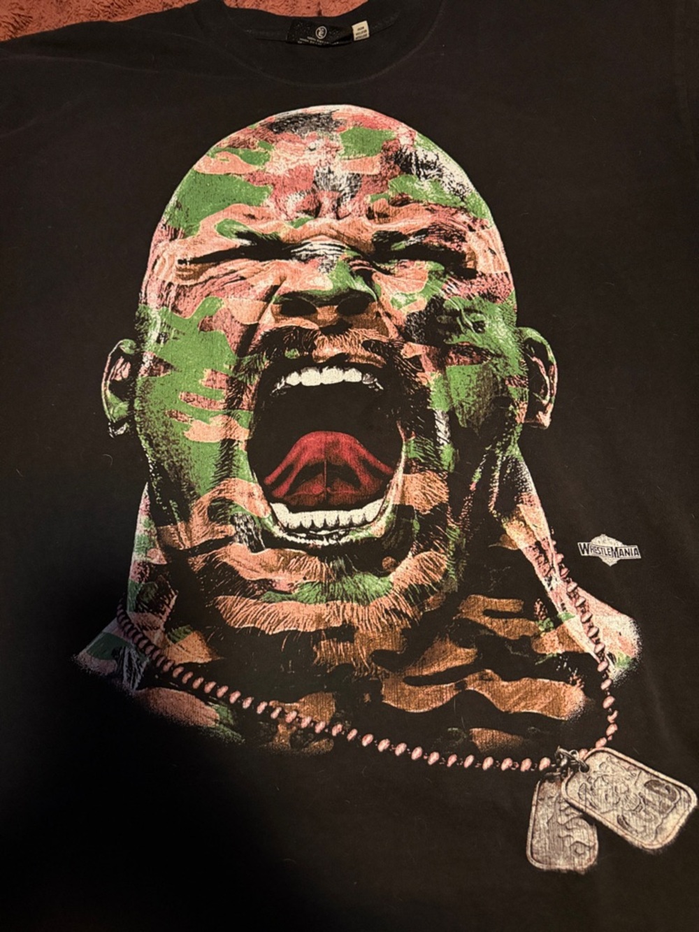WWE Short Sleeve Black Graphic Tee with Green & Brown Camo Face